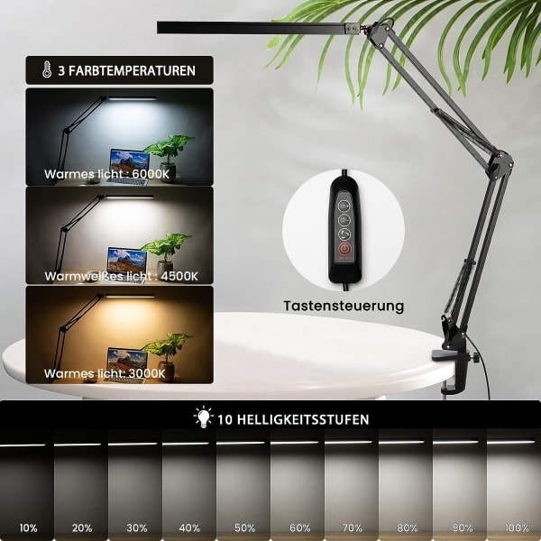 LED-skrivebordslampe, 14W Foldbar Arkitektlampe med Klemme, 10 Lysstyrkeniveauer x 3 Farvetilstande, Justerbar Bordlampe, Øjenbeskyttelse