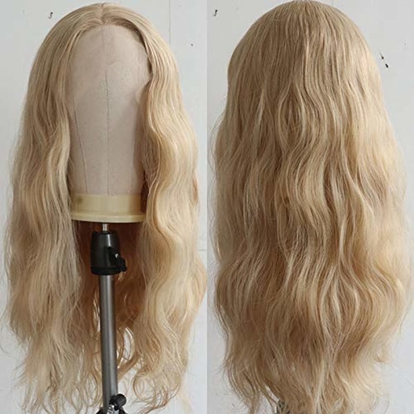 Long Natural Curly Glueless Lace Front Wig Golden Blonde Synthetic
