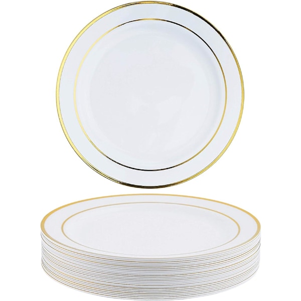 Sett med 25 hvite plasttallerkener med gullkant for bryllup, fødselsdager og fester, 19 cm