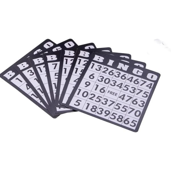 Komplet mini-bingospil – nummererede netkort – 150 farvede poletter