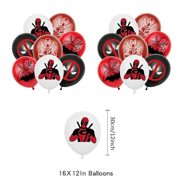 Deadpool-tema festutstyr inkludert banner, ballonger, kakedekorasjoner og cupcakesdekorasjoner
