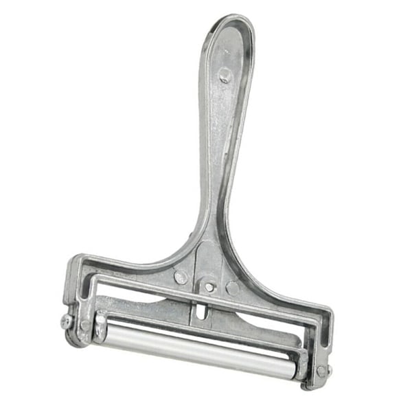 Ostehøvl med rulle og skæretråd, variabel skæretykkelse, rustfrit stål/aluminium, retrodesign, roterende blad, sølv