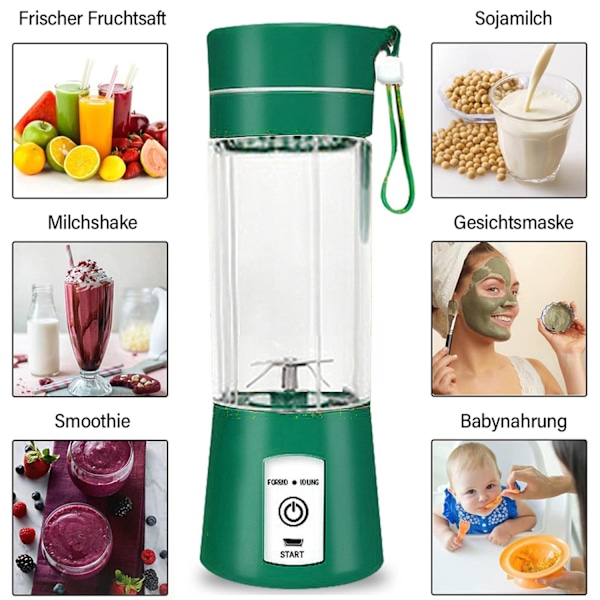 Bärbar Smoothie Maker Blender med 6-bladig Rostfritt Stål Saftpressare, USB Laddningsbar, Silikonhängande Rep