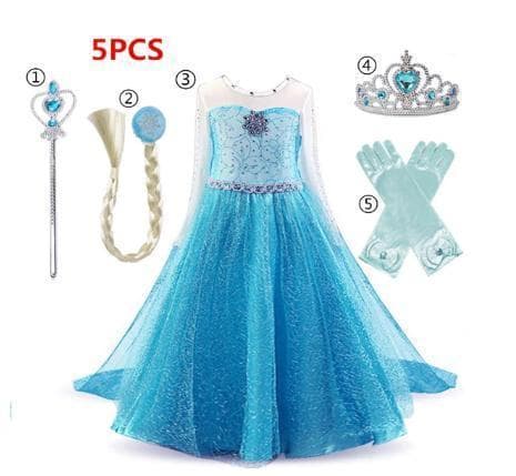 Elsa prinsessklänning + 4 extra tillbehör Blå Blue 140 cm