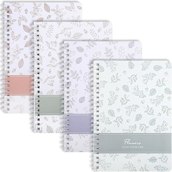 A5 spiralanteckningsböcker, 4-pack, 120 sidor linjerat papper - blommönster
