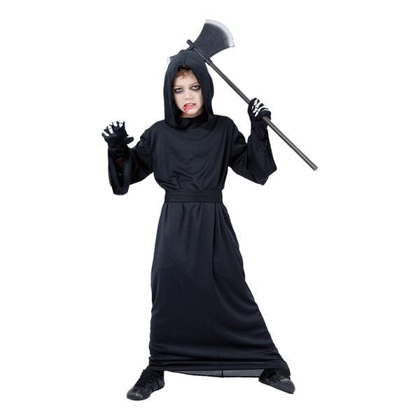 Reaper kappe med hætte og bælte Kostume Halloween Sort Black Medium 122-134 cl