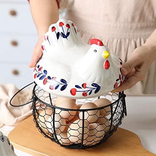 Kyllingformet keramisk eggoppbevaringskurv, jernkurv rommer 20–25 egg, eggstativ, oppbevaringsboks, eggkurv