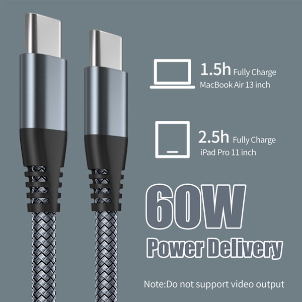 USB-C laddningskabel 60 W snabbladdning, kompatibel med iPhone 15/Plus/Pro Max, Samsung Galaxy S24/S23/S22, Pixel 7 Pro Grå Grå 3 m