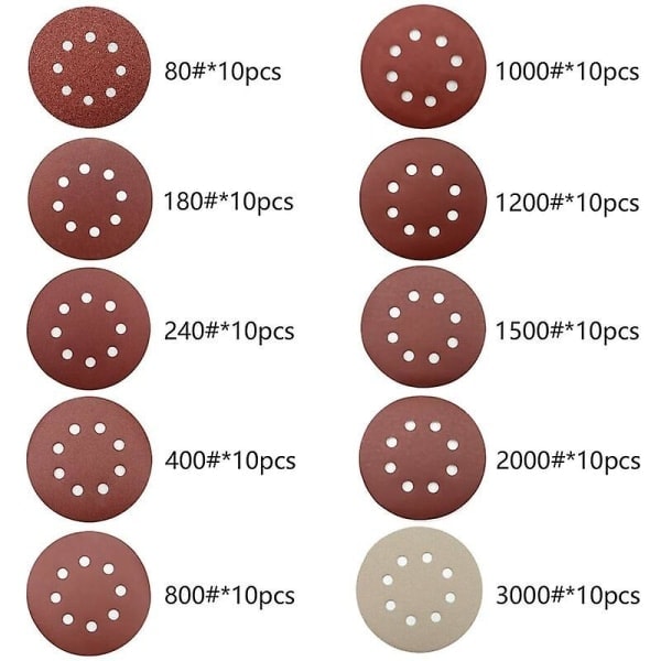 100 stk. sliberondeller, 125 mm sliberondeller, 80/180/240/400/800/1000/1200/1500/2000/3000 korn, til excenterslibere, perfekt til