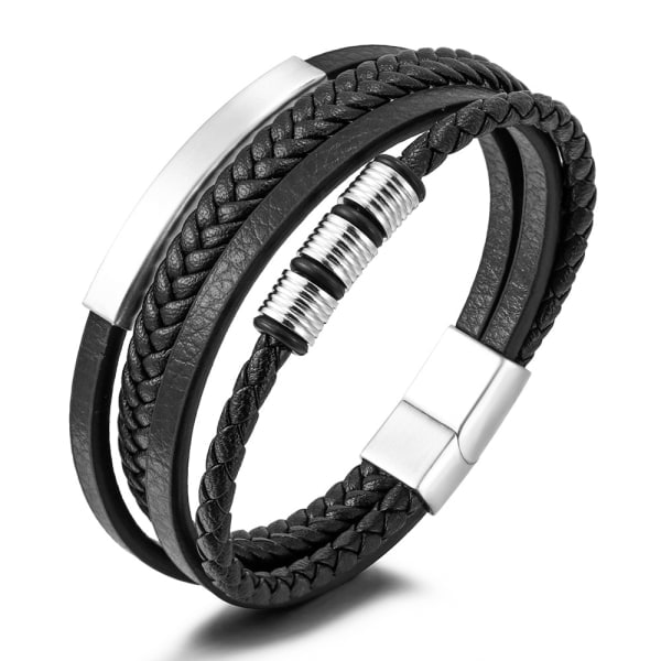 Punk Multi-Layer Vævet Rustfrit Stål Læderrem Armbånd Sølv 20,5 cm