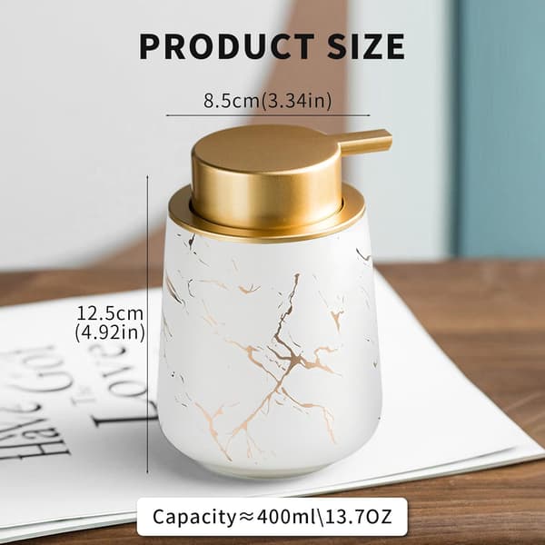 Ceramic Soap Dispenser Compatible with Foam and Lotion with Easy-Press Pump White 12.5x8.5cm