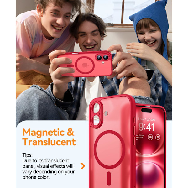 Magnetiskt skal för iPhone 16 Pro Max med fullständigt kameraskydd [MagSafe-kompatibelt] [Genomskinligt matt] Skyddande telefonfodral, varmrosa Röd Red iPhone 16