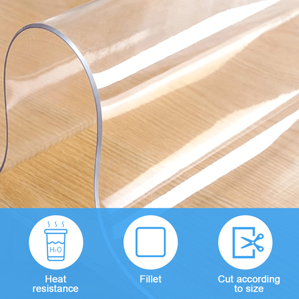 Transparent Table Protector, Heat Resistant 2.0mm Thick PVC Plastic Mat Compatible with Dining Table, Desk, Coffee Table, Waterproof, Easy to Clean