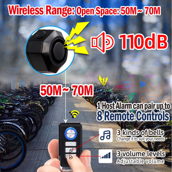 Genopladelig cykelalarm med fjernbetjening 110dB Sort