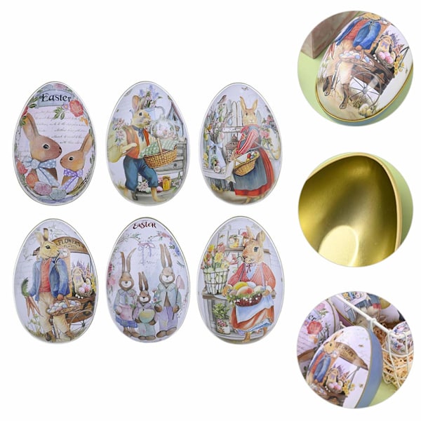 6 ägg i plåtburk, kanin metallgodisbox kan fyllas med ägg, tomma metallskal, korgfyllning, leksaker, lämplig för barns äggjaktspresenter