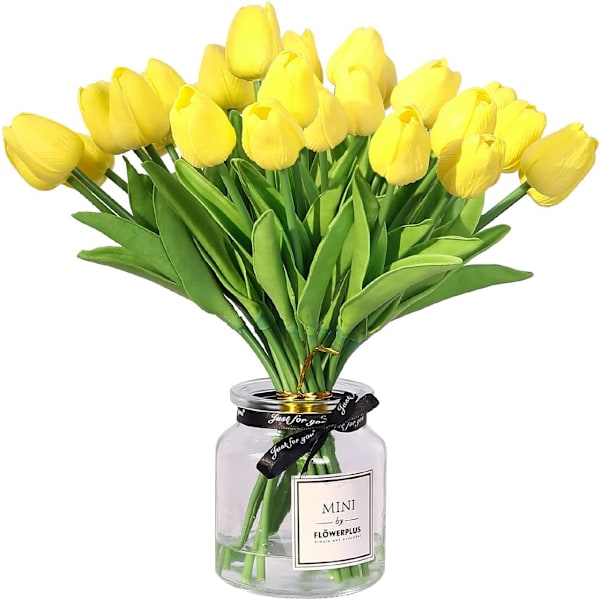20 stk. kunstige tulipaner, falske blomster med virkelighedstro følelse, tulipaner til hjem, hotel, fest, bryllup, dekoration, gule