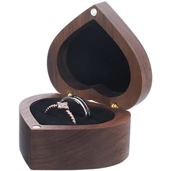 Bryllupsringboks, forlovelsesringboks, hjerteformet oppbevaringsboks for forlovelsesring, treringboks, ringgaveboks