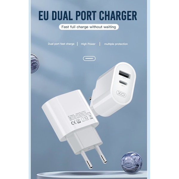 Dobbel USB-C Hurtiglader for iPhone 11/12/13/14,15, Samsung White Vit