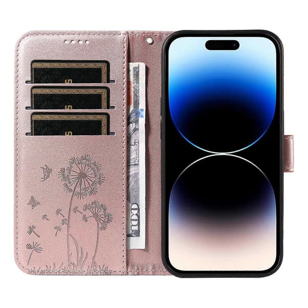Kompatibelt med iPhone 14 Pro Läderfodral Plånbok Mobilskal Maskros Tryck Multicolor Rose Gold