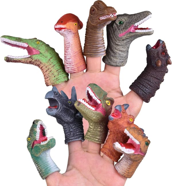 10 stk. dinosaur fingerdukker i gummi, bløde og søde til børn