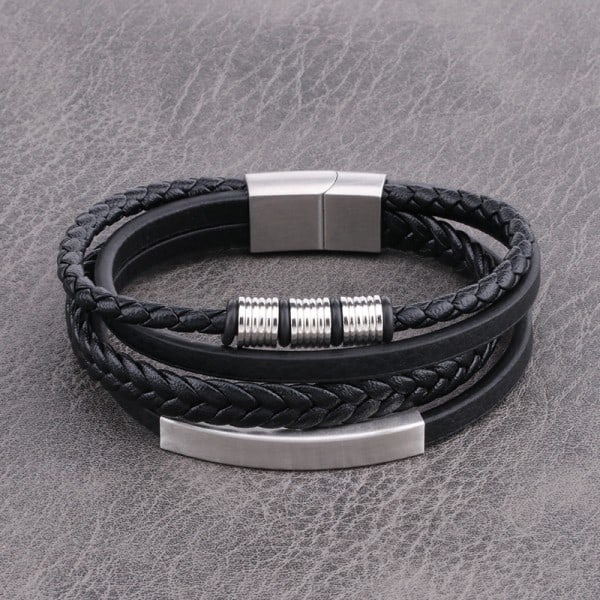 Punk Multi-Layer Vævet Rustfrit Stål Læderrem Armbånd Sølv 20,5 cm