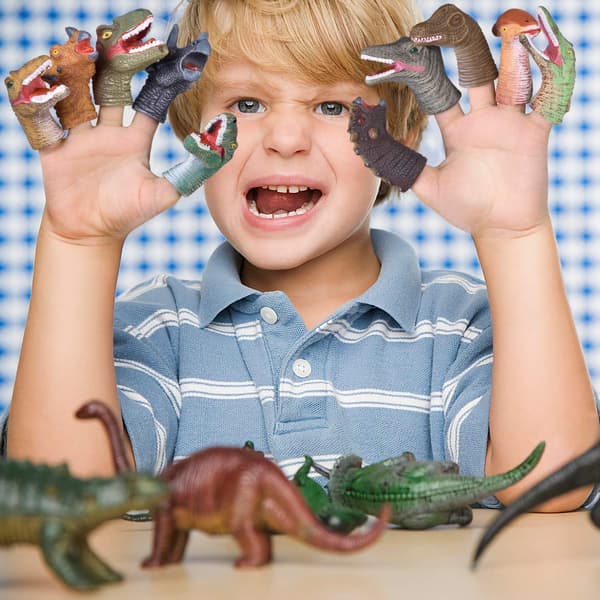 10 stk. dinosaur fingerdukker i gummi, bløde og søde til børn
