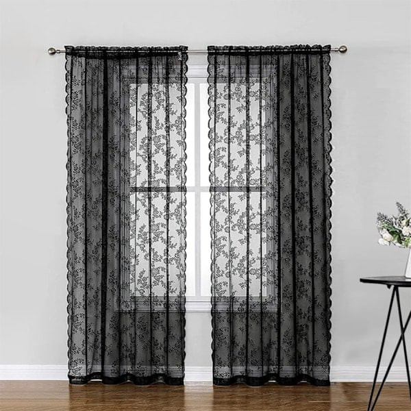 Svarta spetsgardiner 2-pack Svart 100 x 200 cm