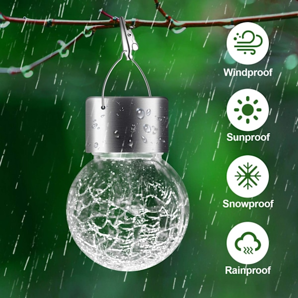 12-pakning hengende solcellelamper utendørs, vanntette solcellelykter med håndtak og klemme, dekorative sprukne glasskulelys for juledekorasjon,