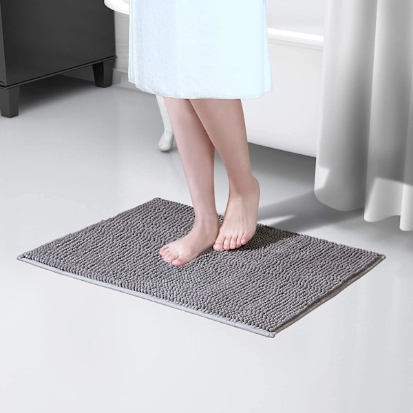 Skridsikker 61 × 43 cm Chenille Badeværelsesmåtte, Let at Rengøre Badeværelsesmåtter, Blød Brusemåtte, Grå