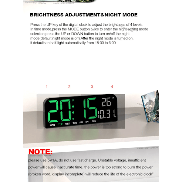 9.0 Tum Stor Digital Väggklocka Temperatur och Datum Veckovisning Nattläge Bordsväckarklocka 12/24H Elektronisk LED-klocka grön