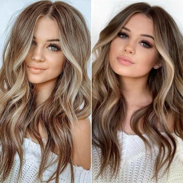 Kvinnor Ombre Brun Lång Äkta Naturlig Vågig Hårperuk Cosplay Brun One Size