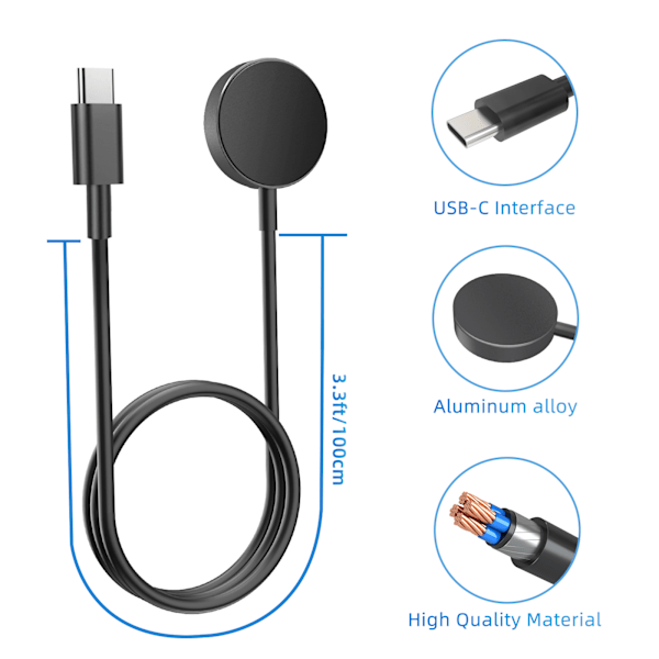 USB-C Lader for Samsung Galaxy Watch 3/4/5/6/7, Active 1/2 Svart