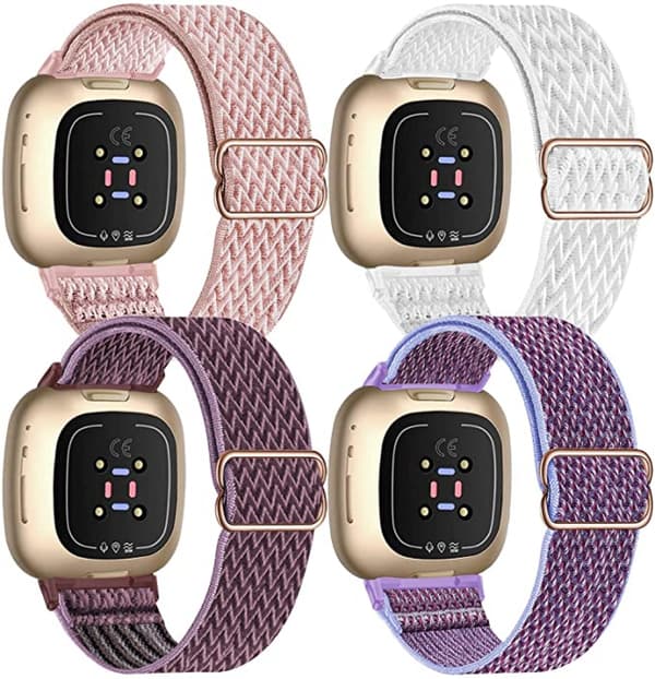 4-delars elastiskt nylonband kompatibelt med Fitbit versa 3 / Fitbit sense, justerbart elastiskt tyg smart klockarmband (Rosa/Vit/Rökig)