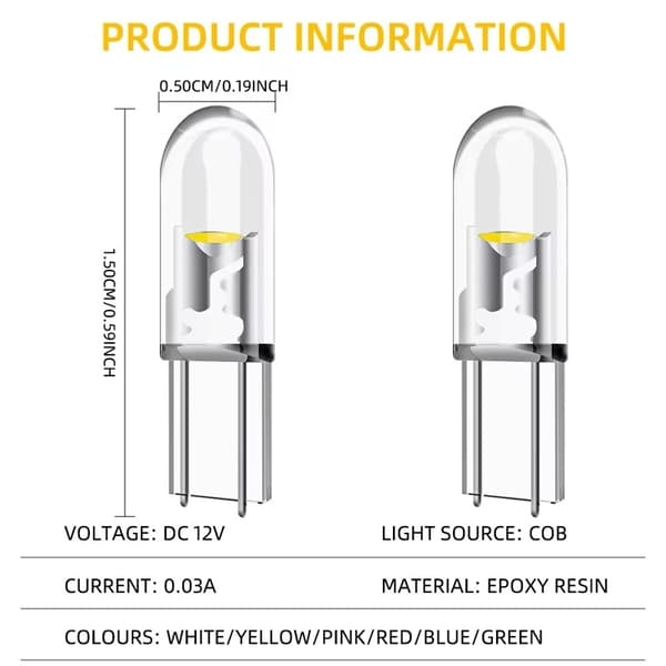 T5 punainen 10 kpl COB Led W2x4.6d W2.1.x4.9d W1.2W W2.3W 12v Re Red Röda 10-pack