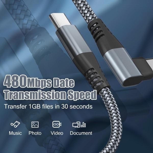 USB-C kabel med vinklet kontakt 60 W hurtiglader Grå 3 m