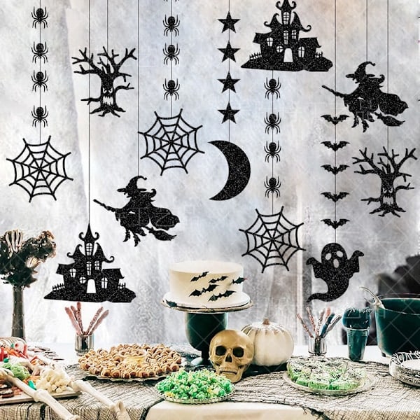 Halloween-hengende sett med flaggermus og edderkopper, 12 deler Halloween-pynt svarte glitrende flaggermus heks edderkoppnett spøkelse banner gir...