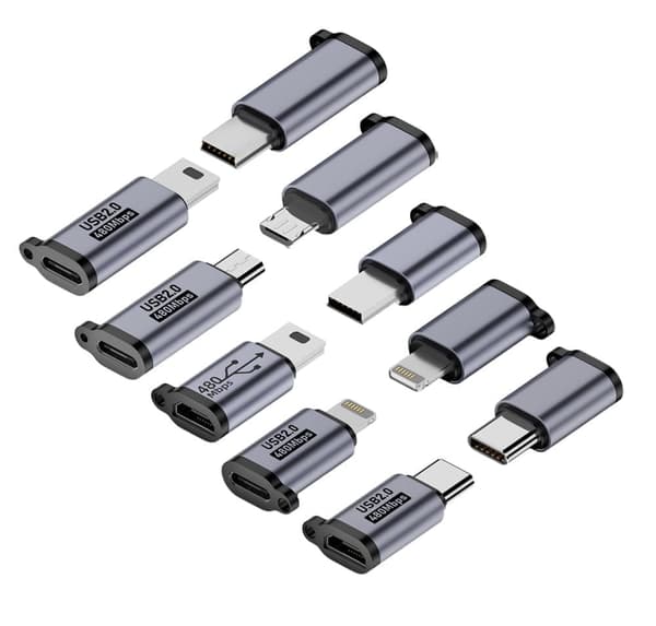 5 kpl USB-adapterisarja – Typ-C & Micro - Lightning, Mini & Typ-C – Yhteensopiva Android/iOS-laitteiden kanssa