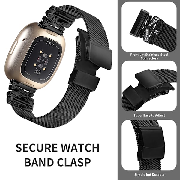 Rustfrit stålarmbånd Kompatibelt med Fitbit Versa3/4/Sense 2 Sort Svart Sort
