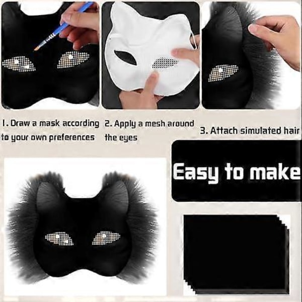 Kattemaske med pels og nettingøye, tomme papirmasker for DIY, hvite malingspapirmasker, kattemaske for DIY Halloween Mardi Gras-fest Black-29pcs
