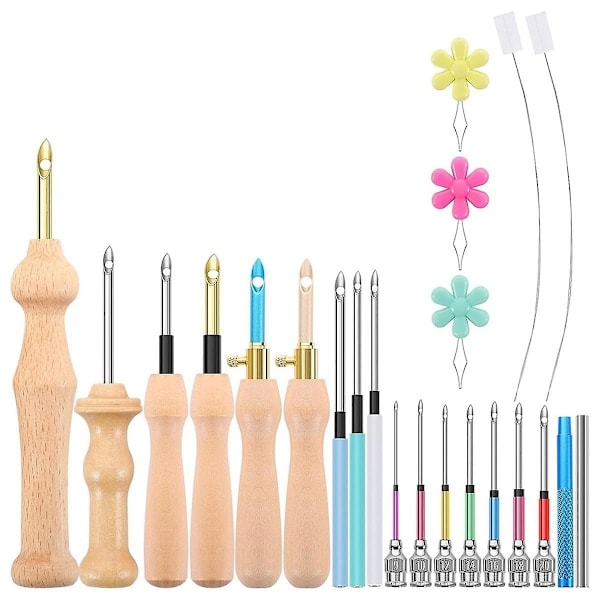 23 kpl Punch Needle -setti, Säädettävä puinen Punch Needle -setti aikuisille aloittelijoille, kirjonta