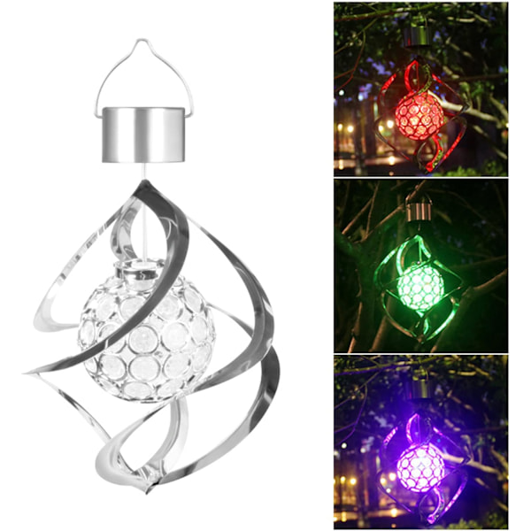 Solcelledrevet vindklokke lys, LED spiral spinner flerfarget lampe, hengende roterende kulelys for hagedekorasjon, A