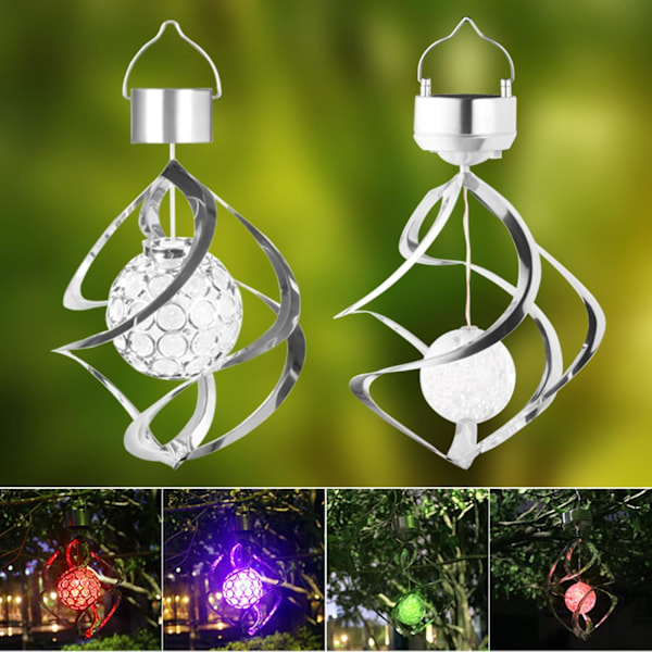 Solcelledrevet vindklokke lys, LED spiral spinner flerfarget lampe, hengende roterende kulelys for hagedekorasjon, A