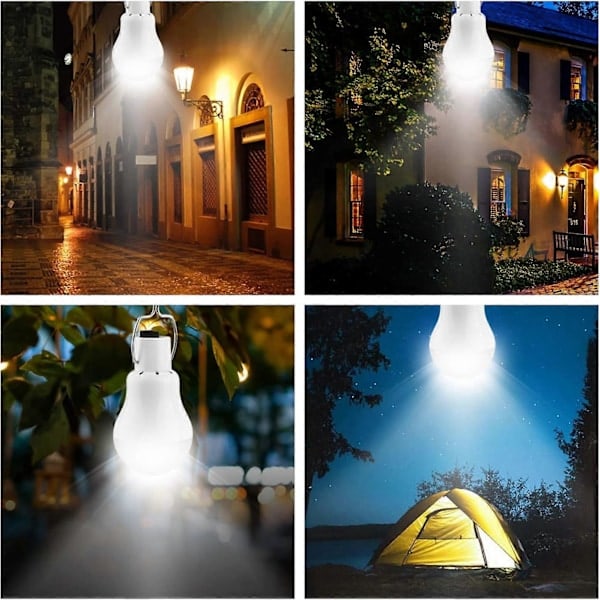 Bärbara solcellslampor för camping, LED-sollampor, nödlampa, trädgårdslampor med krok och glödlampa