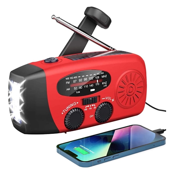 Vevradio med Solcelle, LED-lommelykt og 2000mA Powerbank SOS