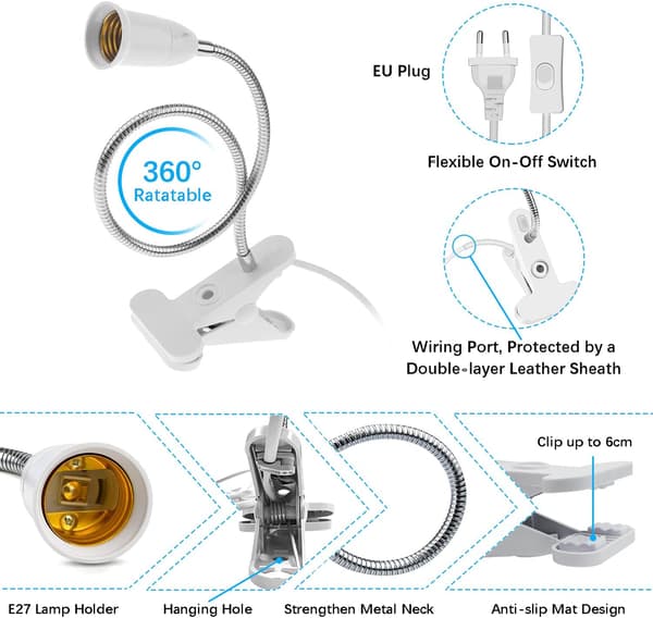 E27 clip-on pæreholder med afbryder, LED bordlampefod med 360° rotation