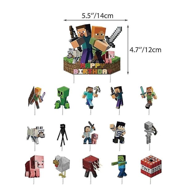 Minecraft-tema bursdagsfestdekorasjoner: bannere, cupcake-topper, ballongsett.