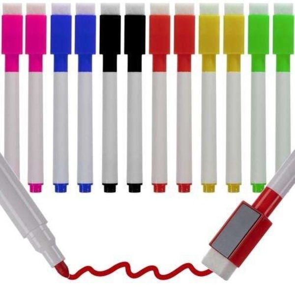 12 kpl - Valkotaulutussit pyyhkijällä - Tussit multifärg Multicolor