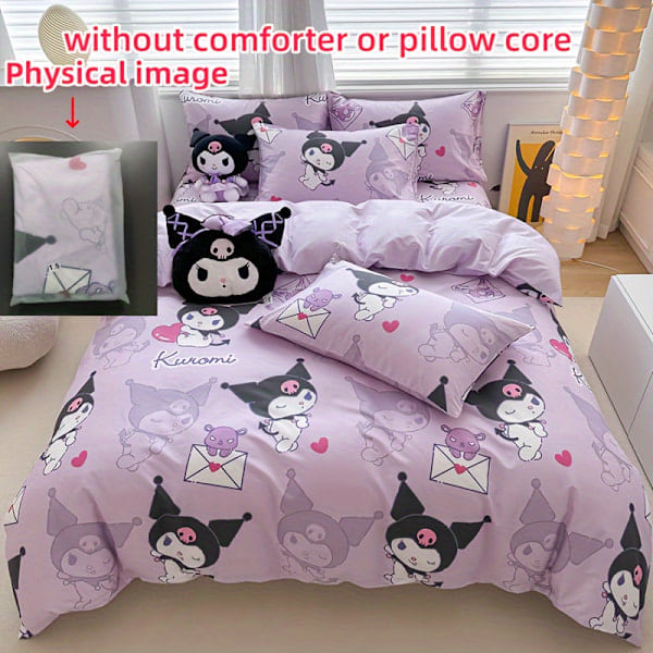 Sanrio Kuromi 4-osainen vuodevaatesetti - Pehmeä & Kestävä, Sisältää Pussilakanan, Lakanan ja 2 Tyynyliinaa - Söpö Sarjakuvaprintti Makuuhuoneeseen{db}(180X220)...