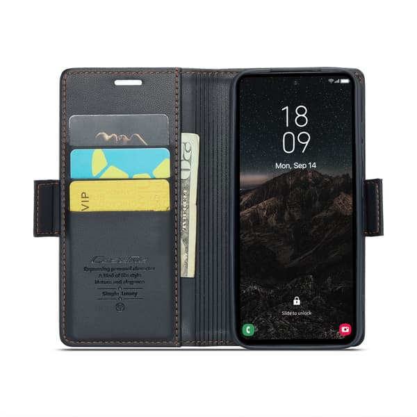 Slankt tegnebogsfodral med RFID-beskyttelse, kompatibelt med Samsung Galaxy S25, sort