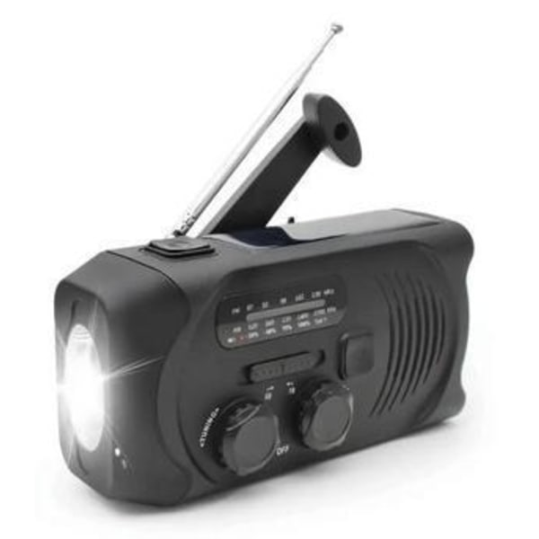 Svart vevradio med solceller, ficklampa och 2000mAh powerbank Nödradio, överlevnad Svart